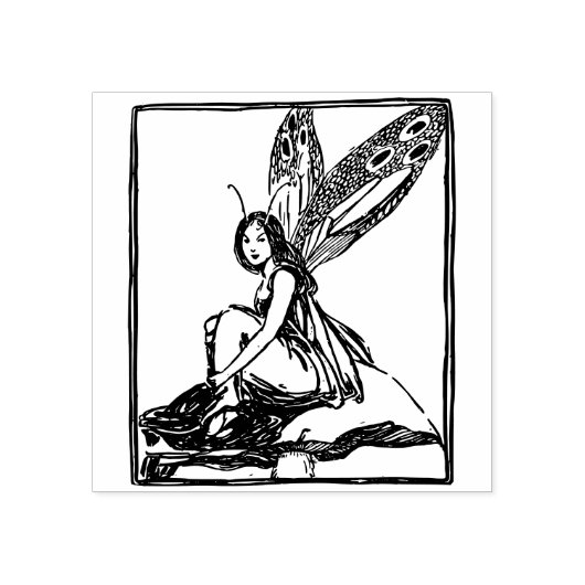 Fee sitzt auf einem Pilz Gummistempel (Prägung)