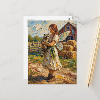 Fee und ihr Waschbären-Haustier auf einem Bauernho Postkarte