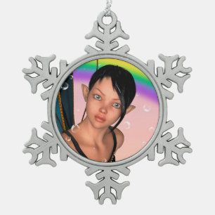 Fee unter Regenbogen Schneeflocken Zinn-Ornament