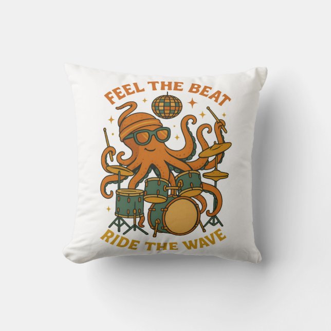Feel the Beat Octopus Drummer Retro 70s Disco tee Kissen (Vorderseite)