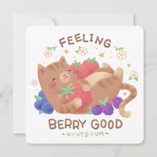 Feeling Berry Good: Cute Cat with Berries Einladung (Vorderseite)