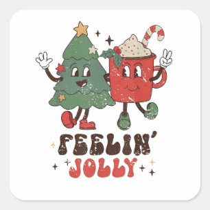 Feelin'Jolly Christmas Hot Cacoa Groovy Quadratischer Aufkleber