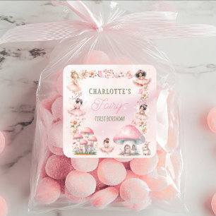 Feen Erstes Pilzhaus Rosa Geburtstag Quadratischer Aufkleber