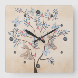 Feen-Fantasie-Baum-Vögel-Blumen-beiger-Grunge-Retr Quadratische Wanduhr