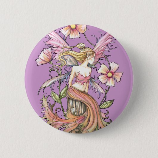 Feen-Kunst mit rosa Blumen Button (Vorderseite)