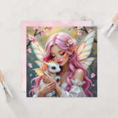 Feen mit rosa Haaren und weißem Babydrachen Blanko Karte (Vorderseite/Rückseite Beispiel)