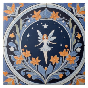 Feen-Nacht-Blumengarten Blau & Orange Blumen Fliese