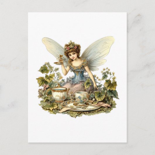 Feen-Teeparty Vintage Postkarte (Vorderseite)