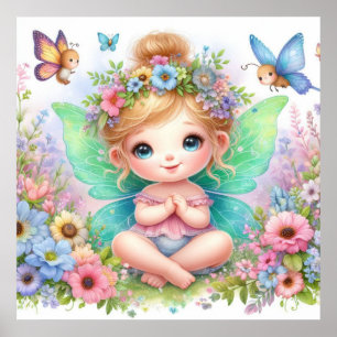 Feen und Blumen im Feenland Pastell Wasserfarbe Poster