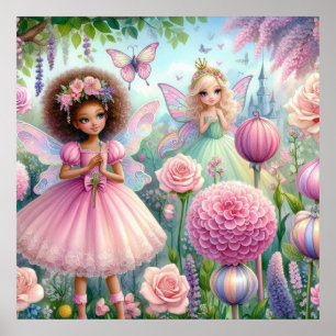 Feen und Blumen im Feenland Pastell Wasserfarbe Poster