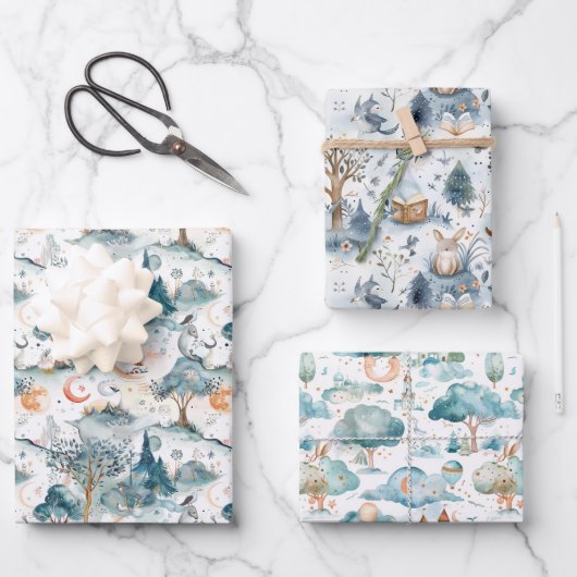 Feen-Waldtiere Blau Geschenkpapier Set (Vorderseite)
