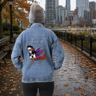 Feen-Zuckerschädel-Lila-Schmetterlinge-Rosen-Sonne Jeansjacke