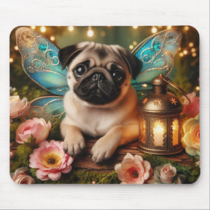 Feenflügel-Mops-Welpen-Mauspad mit Blumen Mousepad