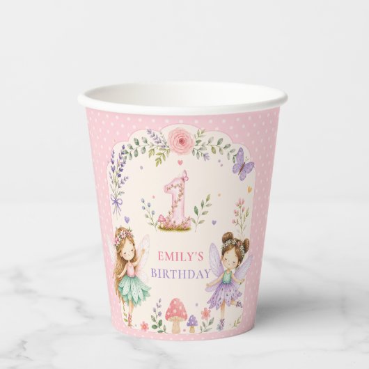 Feengarten zum ersten Geburtstag eines rosa Mädche Pappbecher (Vorderseite)