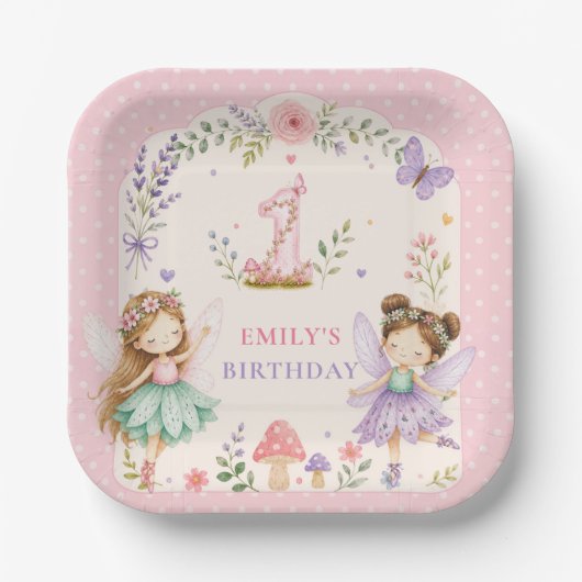 Feengarten zum ersten Geburtstag eines rosa Mädche Pappteller (Vorderseite)