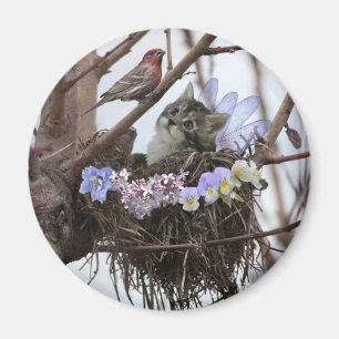 Feenhaftes Kätzchen- und Vogelnest der Fantasie Magnet