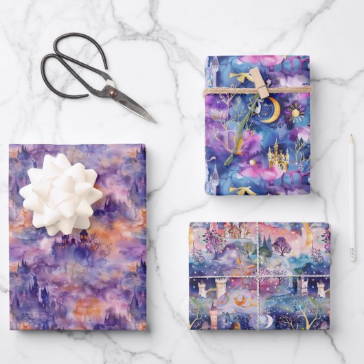Feenland Schlösser Purpur Geschenkpapier Set (Vorderseite)