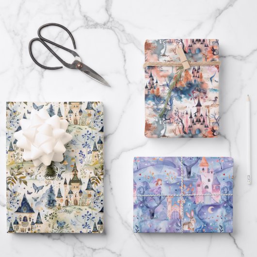 Feenland-Schlösser verschiedene Farben Geschenkpapier Set (Vorderseite)