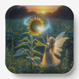Feenmädchen, das einen Sonnenblume verzaubert Pappteller