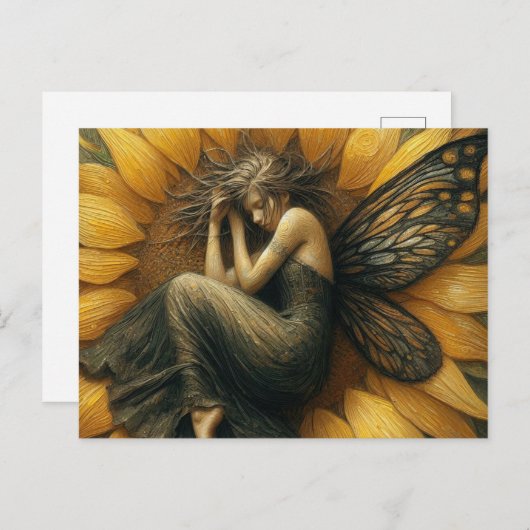 Feenschläfer in einer Sonnenblume Postkarte (Vorne/Hinten)