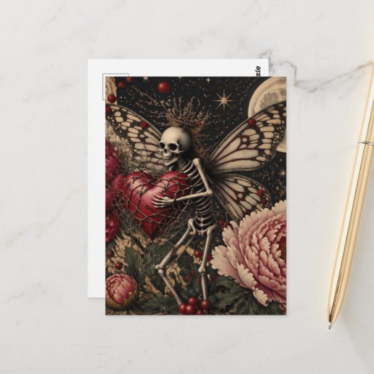 Feenskelett und Pfingstrosen Dark Fantasy Postkarte (Vorderseite/Rückseite Beispiel)