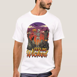 Fefling Böser Skelett-Kürbis-Schwarze Katze-Baum T-Shirt