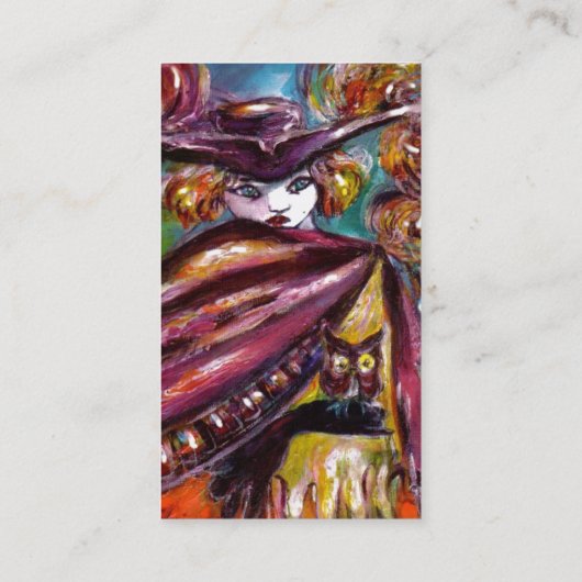 FEHLEN/Mysteriöse Maske mit Eule, Lila weiß Visitenkarte (Rückseite)