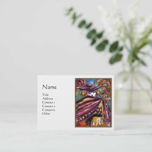 FEHLEN/Mysteriöse Maske mit Eule, Lila weiß Visitenkarte (Stehend Vorderseite)