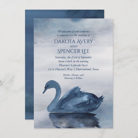 Fehlsichtigkeit | Dusty Blue Swan Lake Wedding Einladung (Vorne/Hinten)