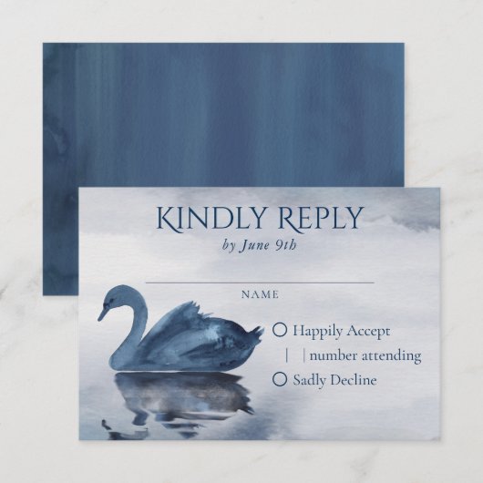 Fehlsichtigkeit | Dusty Blue Swan Lake Wedding RSVP Karte (Vorne/Hinten)