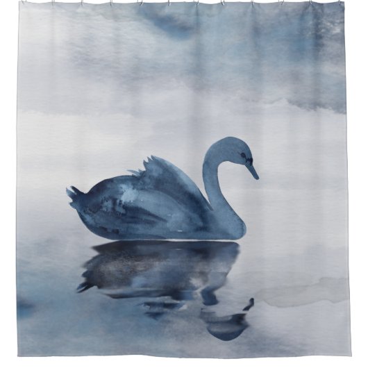 Fehlsichtigkeit | Moody Dusty Blue Swan am See Duschvorhang (Vorderseite)