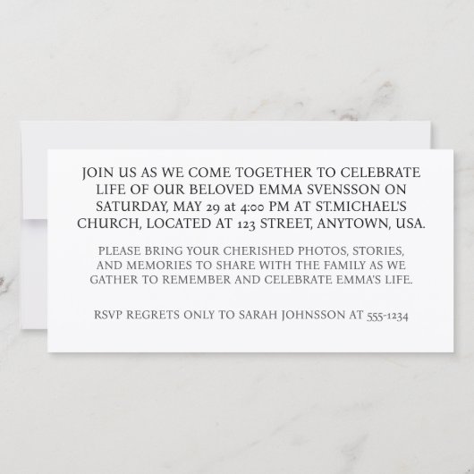 Feier der handgemachten Beerdigungskarte des Leben (Rückseite)