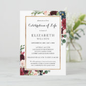 Feier der Lebensbeerdigung Burguny Marsala Floral Einladung (Stehend Vorderseite)