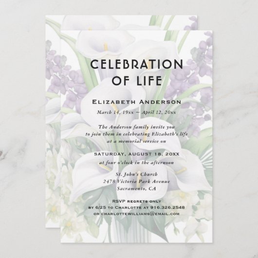 Feier der Lebensbeerdigung Calla Lily Floral Einladung (Vorne/Hinten)