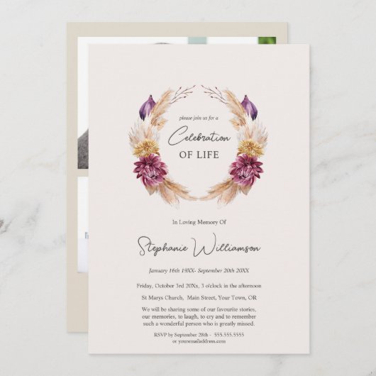 Feier des Lebens 4 Foto Herbst Beerdigung der Blum Einladung (Vorne/Hinten)