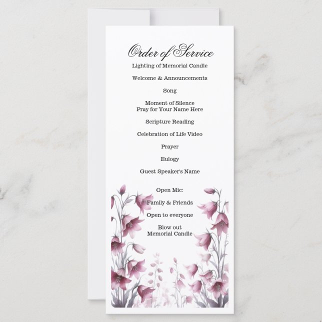 Feier des Lebens, Beerdigung, Gedenkdienst (Vorderseite)