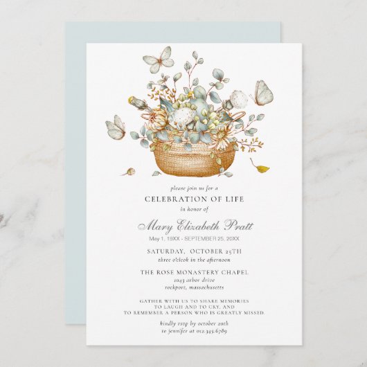 Feier des Lebens Blauer Blumenschmetterling Einladung (Vorne/Hinten)