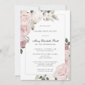 Feier des Lebens Blush Rosa Rose Rustikale Blüte Einladung (Vorderseite)