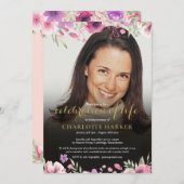 Feier des Lebens Blütenrosa Foto Einladung (Vorne/Hinten)