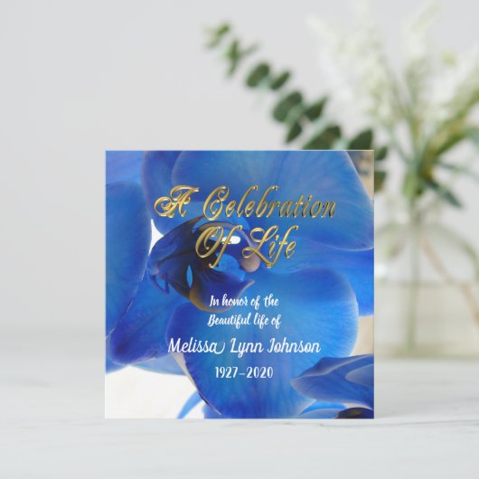 Feier des Lebens Einladung Blaue Orchidee (Stehend Vorderseite)