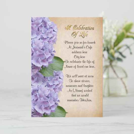 Feier des Lebens Einladung Hydrangea (Stehend Vorderseite)