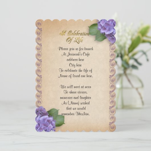 Feier des Lebens Einladung Hydrangea (Stehend Vorderseite)