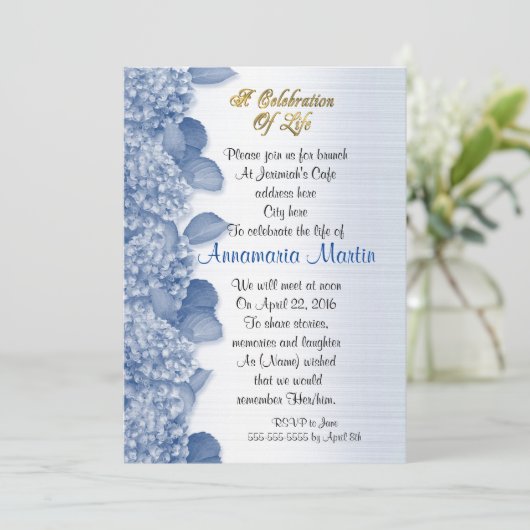 Feier des Lebens Einladung Hydrangea (Stehend Vorderseite)