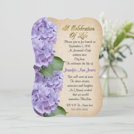 Feier des Lebens Einladung Hydrangea (Stehend Vorderseite)
