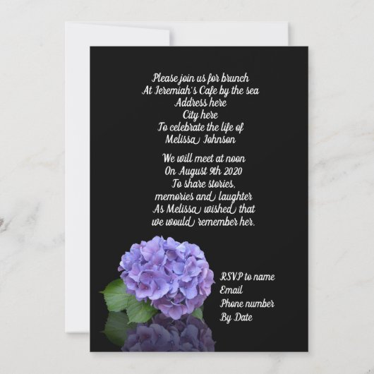 Feier des Lebens Einladung Hydrangea auf schwarz (Rückseite)