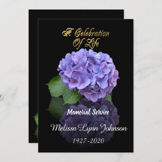 Feier des Lebens Einladung Hydrangea auf schwarz (Vorne/Hinten)