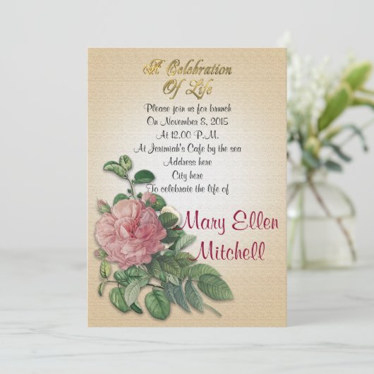 Feier des Lebens Einladung Vintage Rose (Stehend Vorderseite)