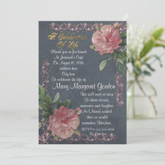 Feier des Lebens Einladung Vintage Rose (Stehend Vorderseite)