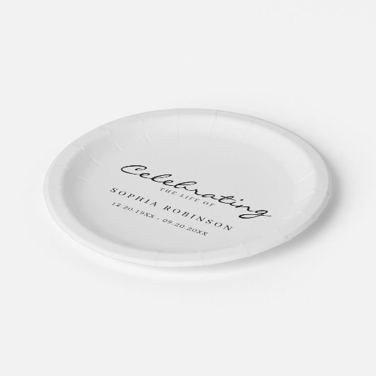 Feier des Lebens Elegante Script Beerdigung Pappteller (Schrägansicht)