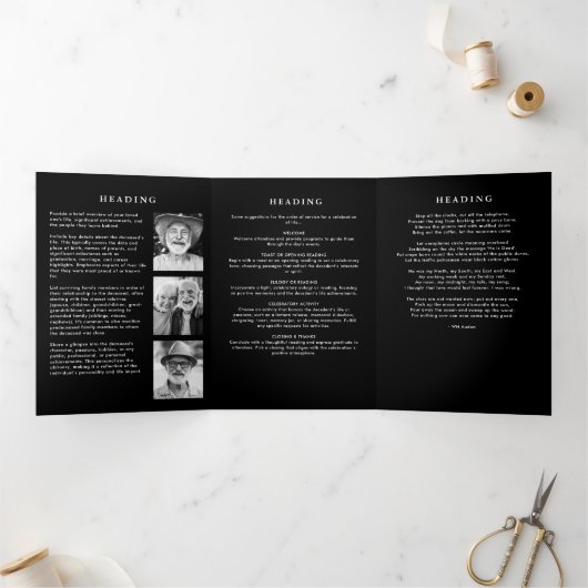 Feier des Lebens Elegante Script Foto Beerdigung Dreifach-gefaltete Programmkarte (Innenseite)